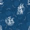 Seamless pattern with sailboats and wind compass on blue