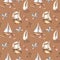 Seamless pattern of sailing boats vintage style watercolor illustration isolated on brown. Ship, bird, rusty key