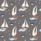 Seamless pattern of sailing ship vintage style watercolor illustration isolated on gray. Sailboat, vessel on waves, tune