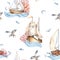 Seamless pattern of sailing ship vintage style watercolor illustration isolated on white. Sailboat, vessel on waves