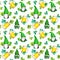 Seamless pattern for Saint Patrick day - gnomes, lucky four leaf clover, beer mugs. Watercolor holiday repeated backdrop