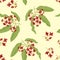 Seamless pattern with sandalwood branch with red flowers and green leaves on yellow. Floral background.