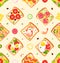 Seamless Pattern With Sandwiches Consists Of Various Fillings Such As Cheese, Tomato, And Ham. Repeating Design