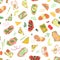 Seamless pattern of sandwiches with different vegetable and meat ingredients and food elements