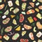 Seamless pattern of sandwiches with different vegetable and meat ingredients and food elements