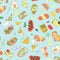 Seamless pattern of sandwiches with different vegetable and meat ingredients and food elements