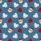 Seamless pattern with Santa Claus heads, bags with gifts and text `Ho ho ho`