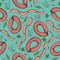 Seamless pattern with sausage and spices. Food. Hand drawn Meat products on a blue background: smoked sausages, baked meatloaf, f