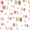 Seamless pattern with scandinavian lettering hohoho. Cute letter and snowflake on white background. Abstract wallpaper