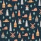 Seamless pattern, scandinavian village cartoon vector landmark, flat buildings, mills, lighthouses and trees