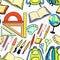 Seamless pattern for school pens, books, globe, backpack, ruler