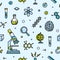Seamless pattern with scientific laboratory equipment. Backdrop with attributes of science, biological or chemical