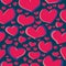 Seamless pattern scribble of red heart figures on a dark blue background for fabrics, wallpapers, tablecloths, prints and designs