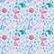 Seamless pattern, sea background with mermaid tails, bubbles, seashells, starfish, watercolor drawing