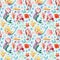 Seamless pattern, sea background with mermaids, bubbles, seashells, corrals and starfish, watercolor drawing