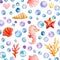 Seamless pattern, sea background with seahorse, bubbles, seashells, corrals and starfish, watercolor drawing