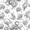 Seamless pattern sea shell, coral, crab, octopus and shrimp. Vector engraving vintage illustrations. Isolated on white background