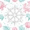 Seamless pattern sea shell, coral, crab and wheel