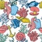 Seamless pattern. Sea shell, seaweed, anchor, bottle, seahorse, and fish. Hand drawn underwater creatures.