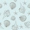 Seamless pattern of sea shells on a light turquoise background