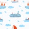 Seamless pattern with sea ships and sailing ships and cruise liner.