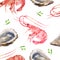 Seamless pattern seafood. Prawns and oysters watercolor illustration.