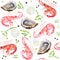 Seamless pattern seafood. Red shrimps, shells, oysters and spicy herbs watercolor illustration.