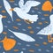 Seamless pattern seagull on blue background. Cute baby print with birds, shells, pebbles and feather
