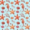 Seamless pattern with seahorse, starfish, corals and shells. Watercolor hand drawn illustration on blue background