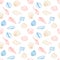 Seamless pattern of seashells. A collection of round and spiral shells in delicate colors. A square pattern of hand-drawn elements