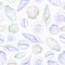 Seamless pattern of seashells. Hand drawn vector illustration. Marine background
