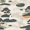 seamless pattern serene Zen garden with gravel, stones, and a peaceful figure, surrounded by lush bonsai trees