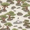 seamless pattern serene Zen garden with gravel, stones, and a peaceful figure, surrounded by lush bonsai trees