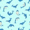 Seamless Pattern Set of cartoon dolphins in different poses, vector illustration of marine animals. Painted dolphins swim