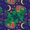 Seamless pattern with a set of cartoon funny worms looking at the moon against the blue night sky.