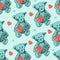 Seamless pattern, set of cute funny vintage teddy bears toys with hearts. Antique toys of the last century. Vector hand