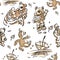 Seamless pattern, set of cute funny vintage toys teddy bears in autumn. Hand draw illustration for fabric, design