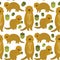 Seamless pattern Set of funny Gopher ground squirrel isolated with acorn on white background. Vector