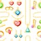 Seamless pattern. Set of golden jewelry. Golden rings, earrings, chains, and necklaces collections. Cartoon jewelry accessories. V