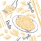 Seamless pattern set pasta with title. Farfalle, conchiglie, penne, fusilli and spaghetti on fork.