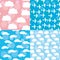 Seamless pattern set sunset, sunrise, sky, clouds white silhouette of plane and car. Pink blue background. vector