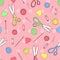 Seamless pattern with sewing button, pin, patch, scissors, heart