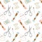 Seamless pattern of sewing elements needles, threads, pins and scissors