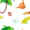 Seamless pattern with shaka, palm tree, surfboard fin, shell and plumeria flower