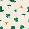 Seamless pattern with shamrock, green hat, ireland flags and calendar. St patricks day. Flat vector