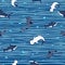 Seamless pattern sharks on white blue striped background. Cute print with Hammerhead, Whale, White shark and bubbles