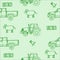 Seamless pattern with a sheep and a chicken and a hay bale and a tractor and a pickup in green.