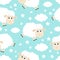 Seamless Pattern. Sheep jumping. Cloud star in the sky. Cute cartoon kawaii funny smiling baby character. Wrapping paper, textile