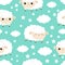 Seamless Pattern. Sheep sleeping eyes.. Cloud star in the sky. Cute cartoon kawaii funny smiling baby character. Wrapping paper,