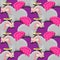 Seamless pattern of a sheep with wings and a halo on alilac background. Vector image